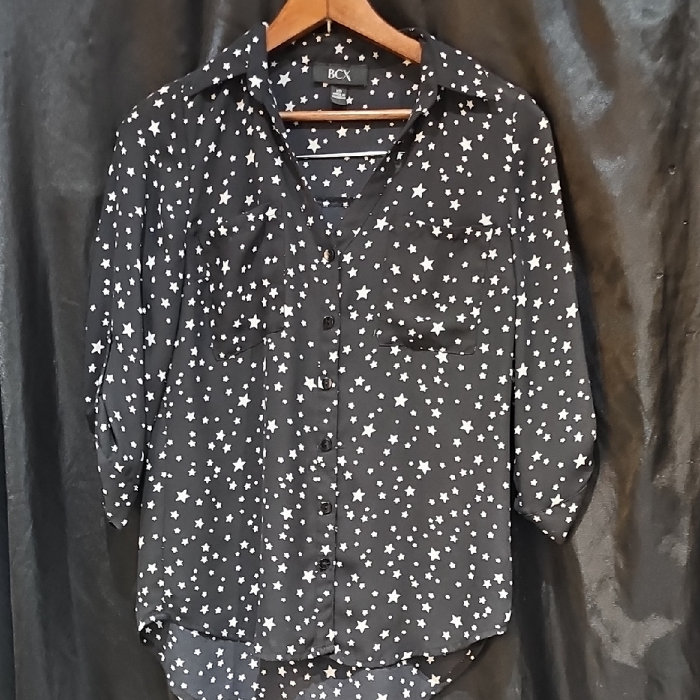 BCX Black Blouse with White Star Pattern